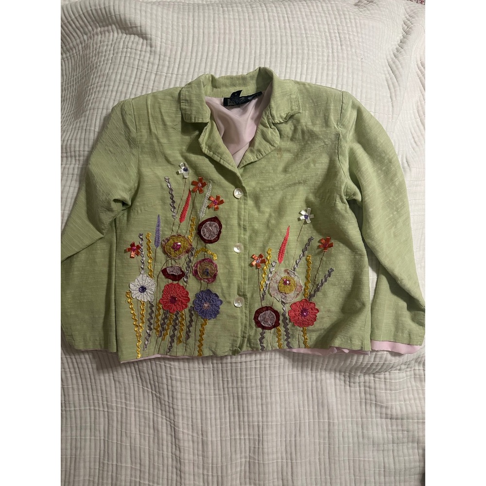 Indigo Moon Women Green Floral Embroidered Cropped Jacket Shoulder Pads Medium